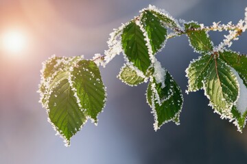 Beautiful winter scenery with frozen leaves and sunshine