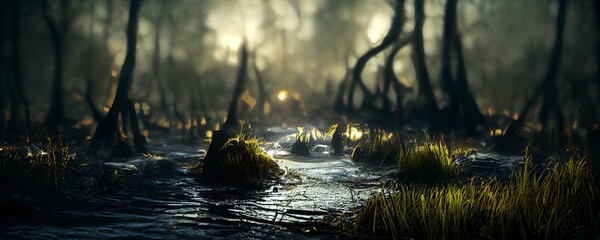 Polluted swamp landscape with trees.