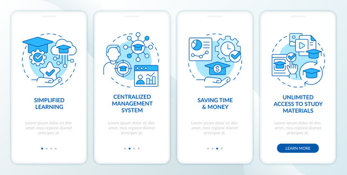 Learning management system benefits blue onboarding mobile app screen. Walkthrough 4 steps editable graphic instructions with linear concepts. UI, UX, GUI template. Myriad Pro-Bold, Regular fonts used