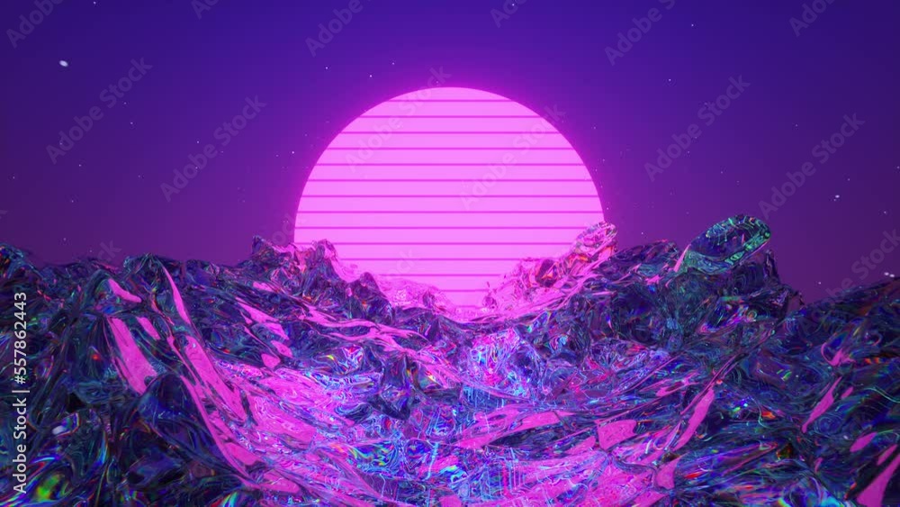 Poster futuristic fantasy landscape of glass planet. cyber neon synthwave vj loop. loopable 3d render anima