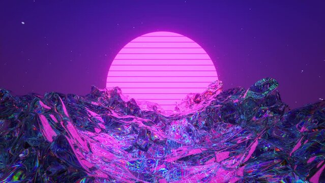 Futuristic fantasy landscape of glass planet. Cyber neon synthwave VJ loop. Loopable 3D Render animation