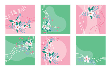 Floral square templates. Spring flowers and leaves. Flat style vector illustration for social media posts, mobile apps, cards, invitations, banner design and web advertisingand web, internet ads