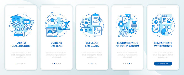 Launching school LMS blue onboarding mobile app screen. Walkthrough 5 steps editable graphic instructions with linear concepts. UI, UX, GUI template. Myriad Pro-Bold, Regular fonts used