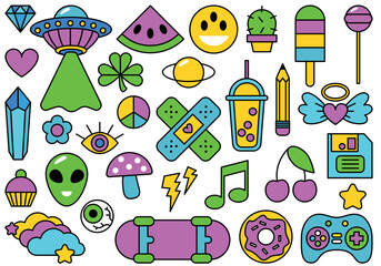 Collection of vintage groovy elements and characters. Retro character, hippie 70s style, psychedelic mushrooms, flowers, rainbow, heart and planet earth. Vintage vector set