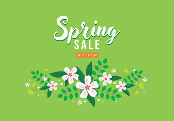 Spring sale vector background with flowers and green leaves. Shop now. Promotion banner for your shop. Spring discount. Bright banner for your business. Email marketing