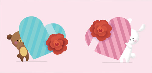 Valentine's day flat vector illustration. Cute bunny and teddybear isolated holding a heart-shaped gift box. Saint valentines greeting illustration. Offering present for Saint Valentine's Day. 