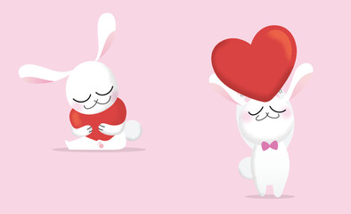 Valentine's day isolated vector illustration. Cute white bunny holding a red heart.