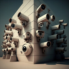 Security cameras, mass surveillance, generative ai, spying, lack of privacy, wall full of security cameras - obrazy, fototapety, plakaty
