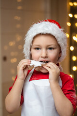 Cute little boy in Santa hat eating delicious cookie at home. Vertical photo.