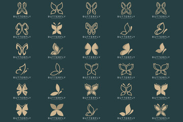 Set of butterfly minimalist line art style logo design. beauty, luxury spa ,nature,gold. Premium Vector