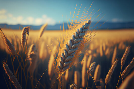 Closeup ears of golden wheat in wheat meadow with shiny light and blue sky background, illustration created by generative AI.