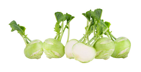 Fresh kohlrabi with green leaves on transparent png