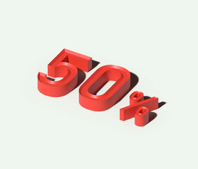 50 percent 3D text in red. 3D 50% discount icon with plain background. 50 percent profit or loss. sale and discount announcement. Fifty Percent or Percentage. 3D text