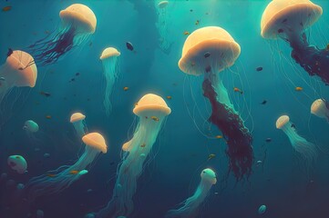 A group of jellyfish floating in the sky. Fantasy. Art. Landscape. Generative AI.