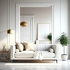 Warm and Cozy Home minimalism interior with sofa, wooden table and decor in modern living room Generative AI