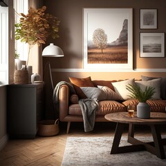 Warm and Cozy Home minimalism interior with sofa, wooden table and decor in modern living room Generative AI
