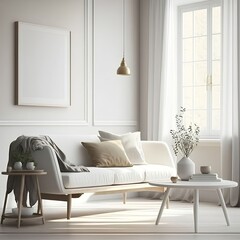 Warm and Cozy Home minimalism interior with sofa, wooden table and decor in modern living room digital illustration Generative AI Stock illustration