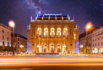 The Hungarian Royal State Opera House in Budapest, Hungary at night, considered one of the architect's masterpieces and one of the most beautiful in Europe.	