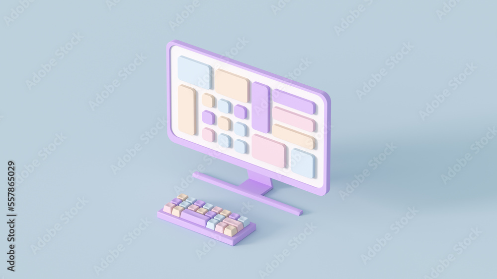 Poster cute desktop computer and keyboard 3d render illustration