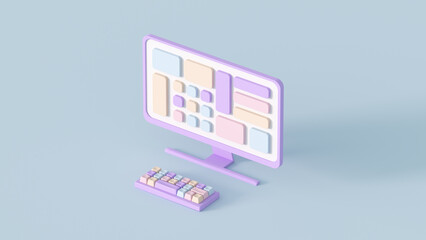 Cute desktop computer and keyboard 3D render illustration