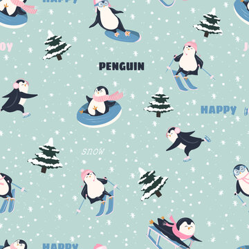 Cute cartoon characters and christmas elements seamless pattern background.