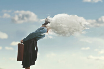 surreal woman travels with curiosity with her head in a cloud, concept of mental confusion, hiding...