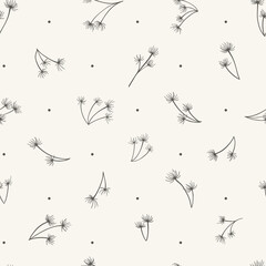 Seamless background with dried grass. Black and White tones. Vector botanical illustration. Herbal background for wallpaper. Engraving style.