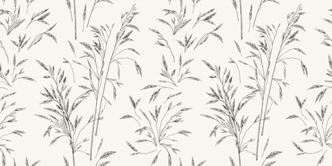 Seamless pattern with dried grass. Black and white background. Vector botanical illustration. Herbal background for wallpaper. Reeds, pampas grass, dried grass. Engraving style.