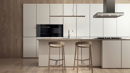 Minimalistyczna kuchnia, zaprojektowana jako połączenie bieli, jasnego drewna i parkietu na podłodze.