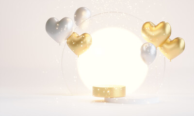 podium with balloons in the shape of heart. 3d illustration