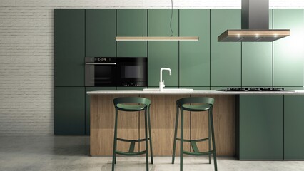 Minimalistyczna kuchnia, zaprojektowana jako połączenie zieleni, bieli, jasnego drewna i betonowej podłogi.