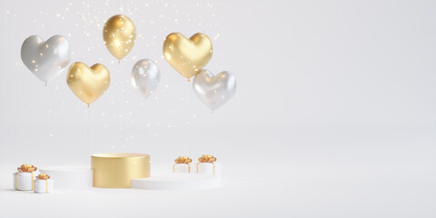 podium with balloons in the shape of heart. 3d illustration