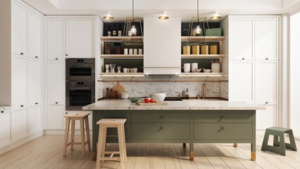 Wnętrze kuchni łączącej nowoczesny i klasycznie elegancki styl. Kuchnia posiada dużą wyspę kuchenną do przygotowywania jedzenia i picia. Biały i zielony kolor połączono z jasnym drewnem.