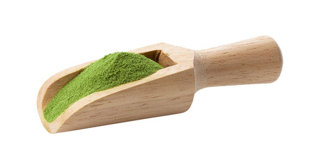 matcha green tea powder in wood scoop on transparent png