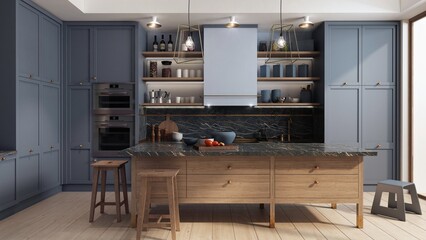  Wnętrze kuchni łączącej nowoczesny i klasycznie elegancki styl. Kuchnia posiada dużą wyspę kuchenną do przygotowywania jedzenia i picia. Ciemny fiolet szafek połączono z jasnym drewnem podłogi.