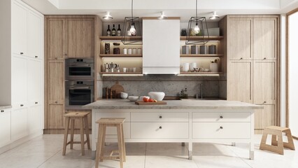 Wnętrze kuchni łączącej nowoczesny i klasycznie elegancki styl. Kuchnia posiada dużą wyspę kuchenną do przygotowywania jedzenia i picia. Biały szafek połączono z jasnym drewnem. - obrazy, fototapety, plakaty