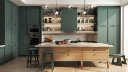 Wnętrze kuchni łączącej nowoczesny i klasycznie elegancki styl. Kuchnia posiada dużą wyspę kuchenną do przygotowywania jedzenia i picia. Biały i zielony kolor połączono z beżowymi płytkami. - obrazy, fototapety, plakaty