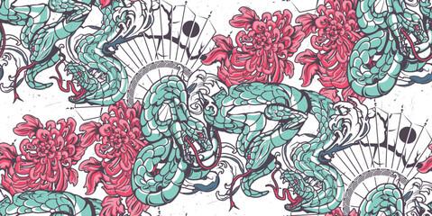 Vintage seamless pattern with a snakes, chrysanthemums on the Japanese theme. Ideal for printing onto fabric and decoration