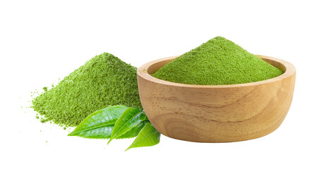 matcha green tea in wood bowl with leaf on transparent png