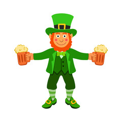 Leprechaun in green hat and with a mug of ale in hand, smiling red-bearded bearded Irishman in green suit, symbol of St. Patrick's Day. Vector illustration