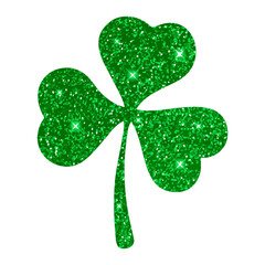 Shamrock shamrock with glitter effect. The shamrock is a symbol of the Irish holiday of St. Patrick's Day. The leaf is made of green glitter. The vector illustration is isolated on a white votive