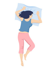 Young woman sleeping on her stomach in bed top view. Cute woman sleeping on her stomach and embracing pillow. Female character falling. Body position concept. Cartoon colorful vector illustration