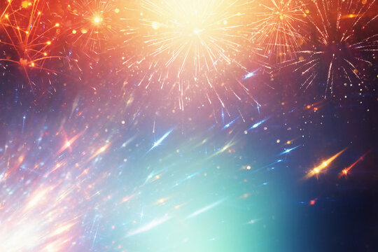 abstract black, red and blue glitter background with fireworks. christmas eve, 4th of july holiday concept