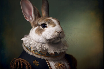 Rabbit aristocrat. Vintage outfit with ruff. White millstone collar. Generative Ai Art. Antique style portrait of a bunny in ruff collar.