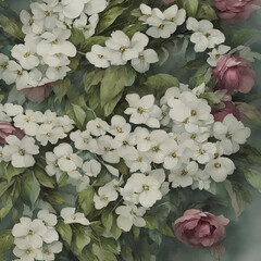 watercolor of several white flowers and some roses in a thick fog, AI generated