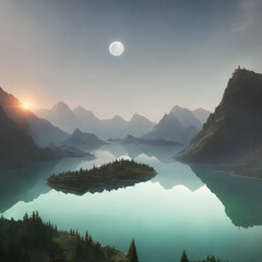 lake with an island in the middle and several mountain chairs around, at sunset with the moon in the sky, generated by AI