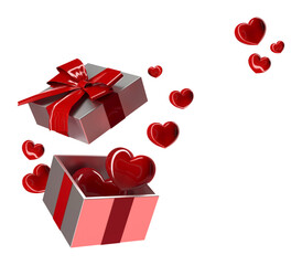 Celebrate Valentine's Day. Red hearts fly out of a gift box with a red ribbon. Template for a greeting card or valentine. Declaration of love. 3D render