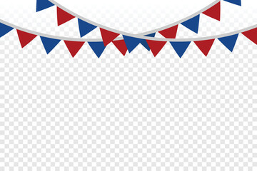 Red And Blue Party Flag Isolated On Transparent Background. Celebration Event. Birthday. American, Chile, Russia, France, United kingdom flags color concept. Vector - obrazy, fototapety, plakaty