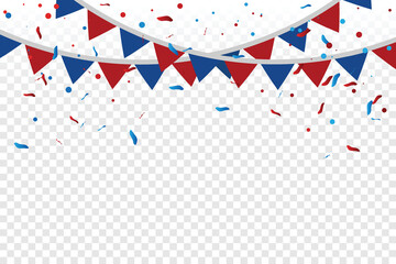 Fototapeta premium Red And Blue Confetti And Party Ribbon Isolated On Transparent Background. Celebration Event. Birthday. American, Chile, Russia, France, United kingdom flags color concept. Vector