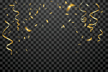 Golden Tiny Confetti And Ribbon Falling On Black Background. Celebration. Happy New Year. Vector